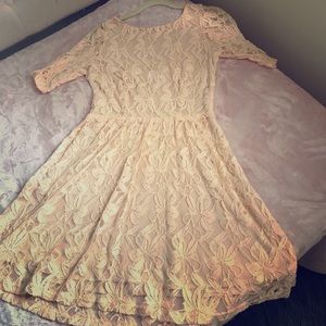 Lacy peach A-Line dress w/ high neck & deep V back